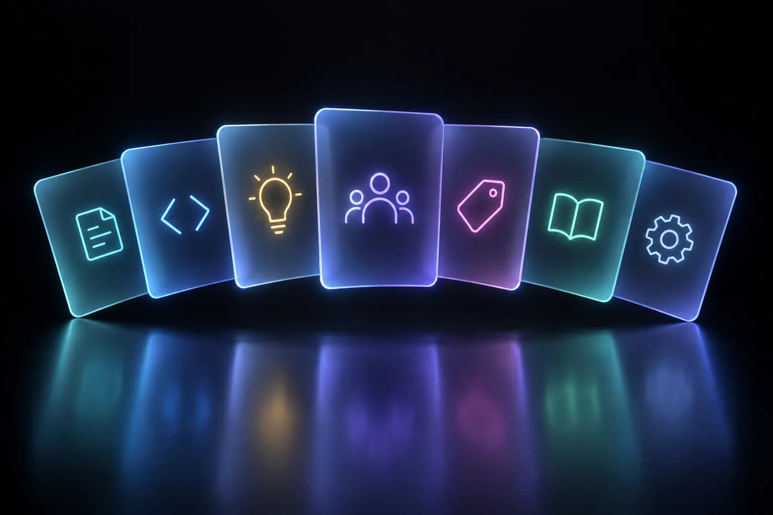 Seven glowing glass cards, one for each kind of memory: conversations, code and projects, ideas and decisions, people, prompts and skills, research, and custom instructions