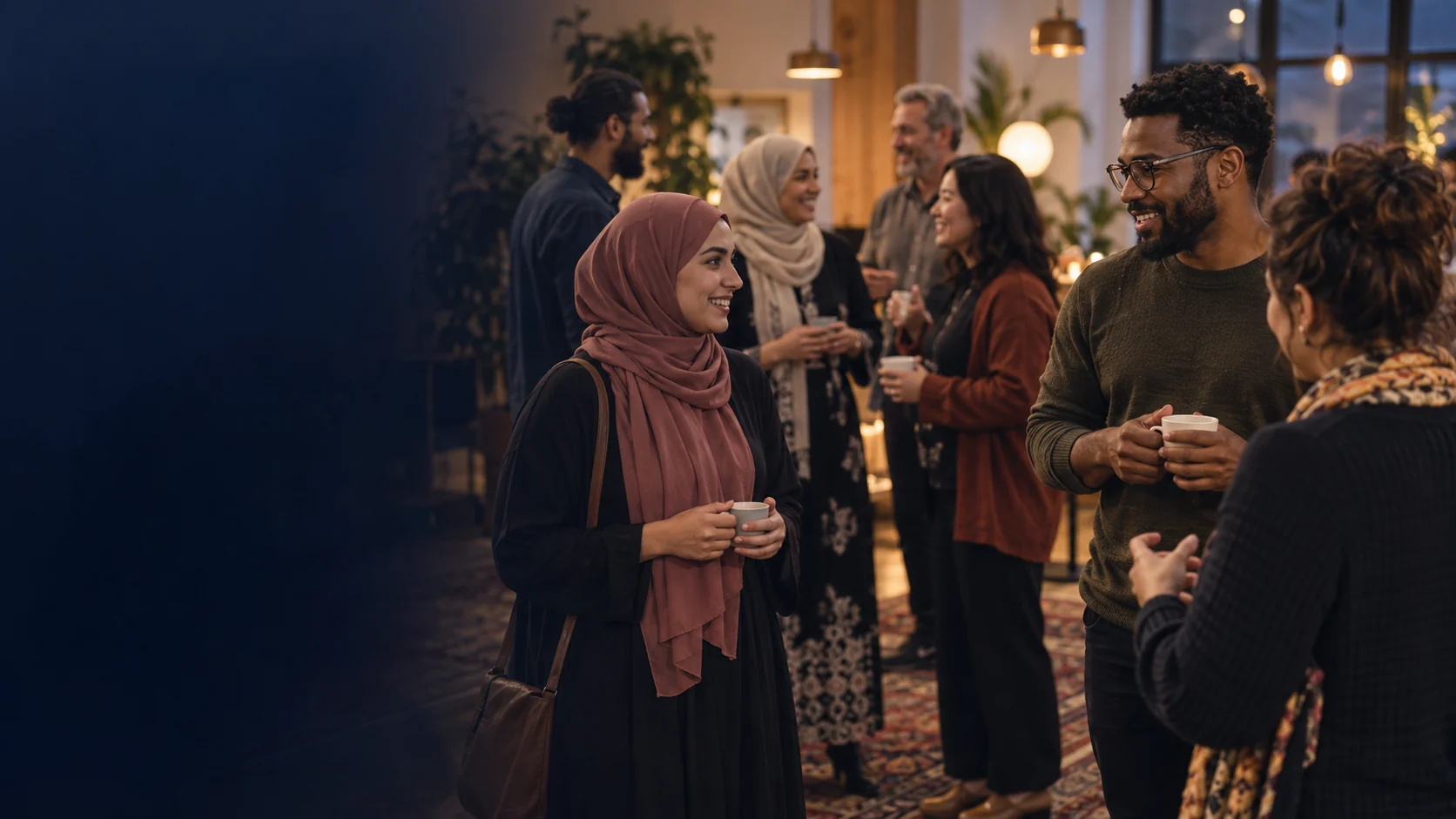 An illustrative gathering of adults exchanging ideas in a warm community space